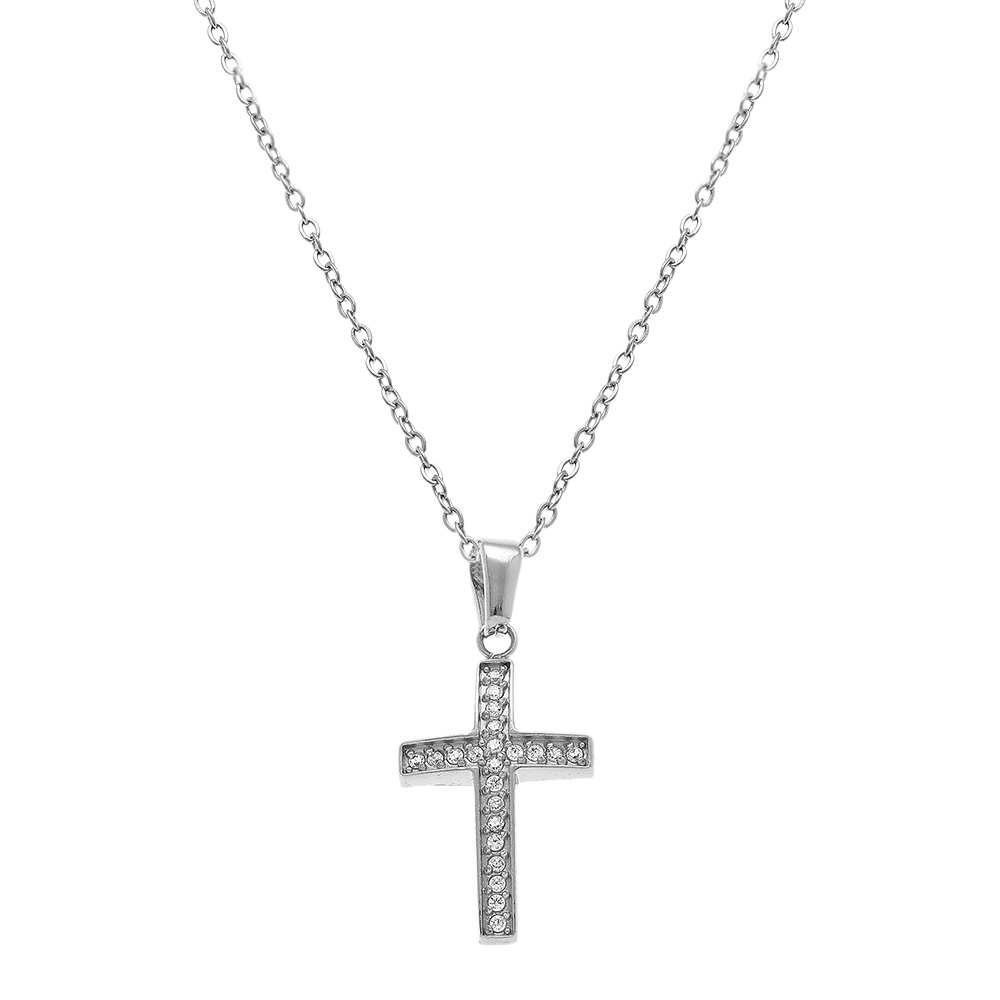Collier en acier croix 17mm x 10mm avec oxydes blancs sertis - 40+5cm - Vue 2