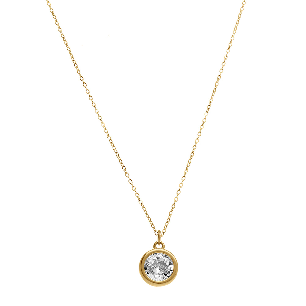Collier en acier dor� pendentif rond avec oxyde blanc - 47+5cm - Vue 2