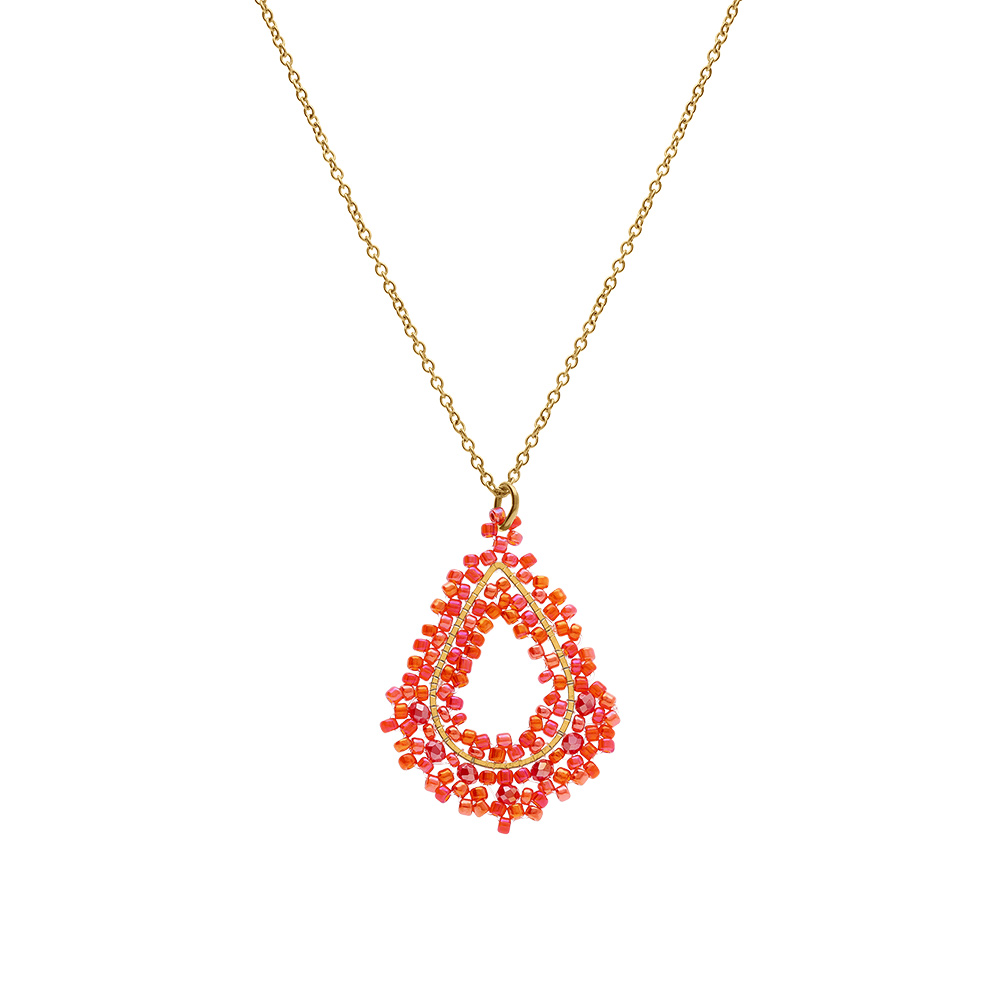 Collier en acier dor� pendentif forme goutte couleur corail - 42+10cm - Vue 2