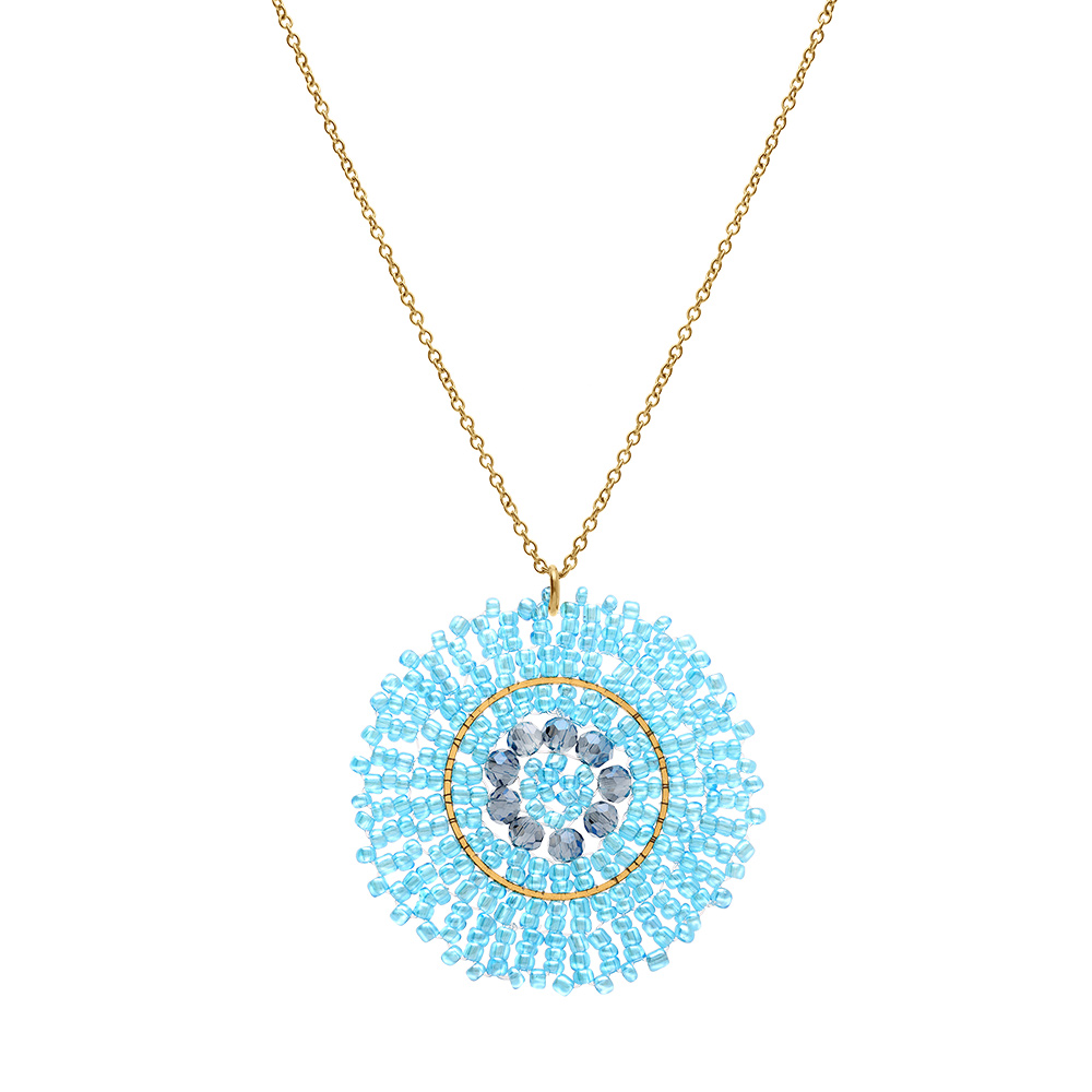 Collier en acier dor� pendentif rond bleu 45mm - 42+10cm - Vue 2