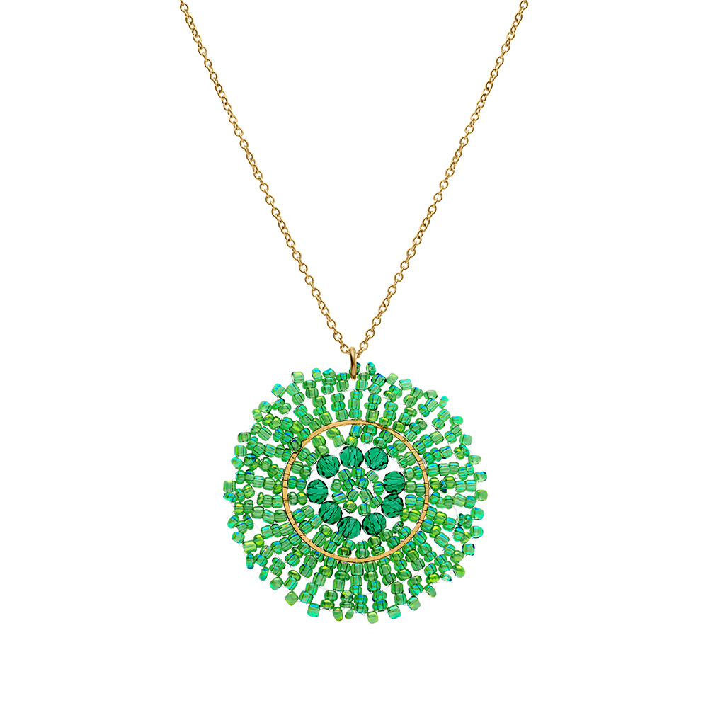 Collier en acier dor� pendentif rond vert 45mm - 42+10cm - Vue 2