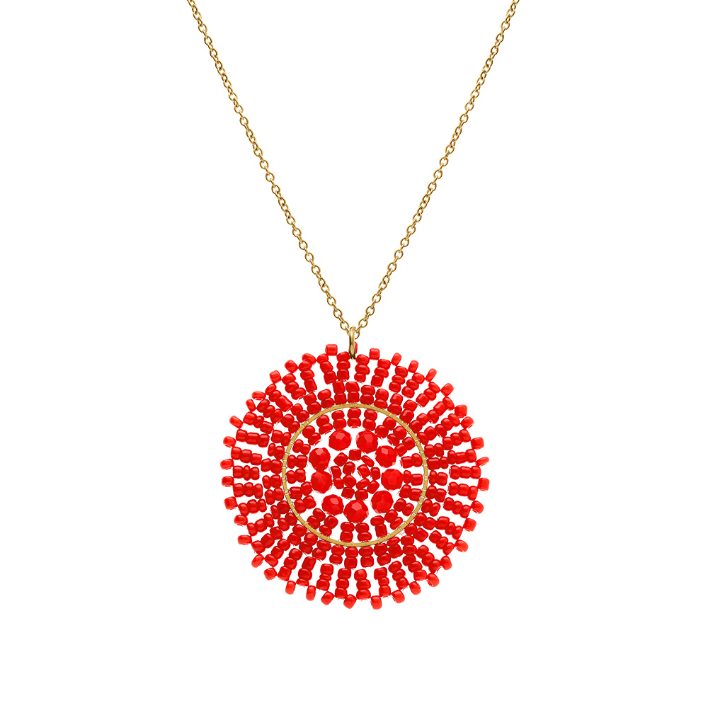 Collier en acier dor� pendentif rond rouge 45mm - 42+10cm - Vue 2