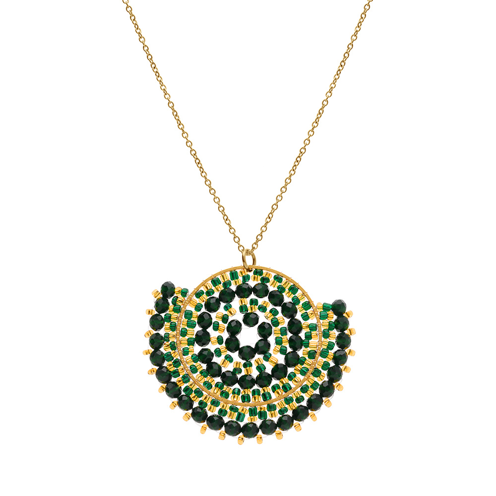Collier en acier dor� pendentif rond boh�me avec pierres vertes, noires et dor�es - 42+10cm - Vue 2