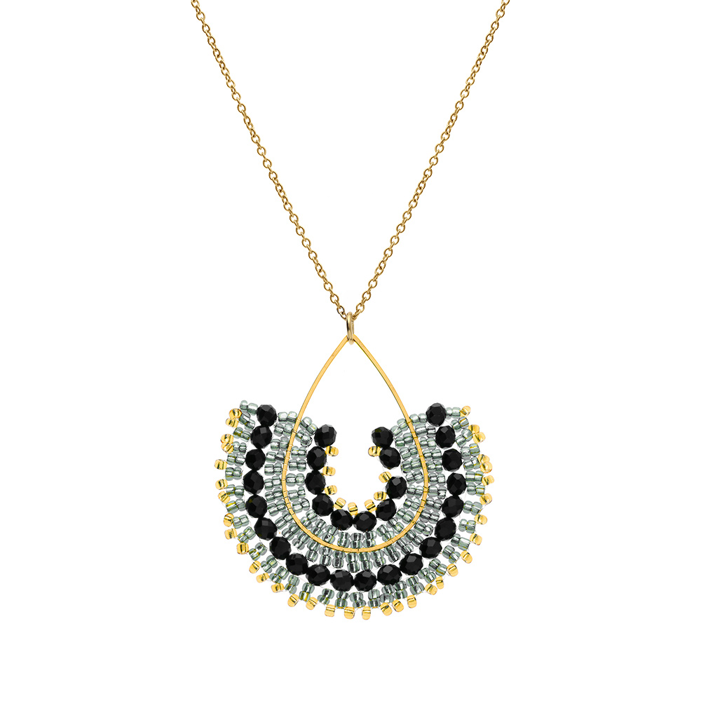 Collier en acier dor� pendentif boh�me avec perles noires , turquoises et dor�es - 42+10cm - Vue 2