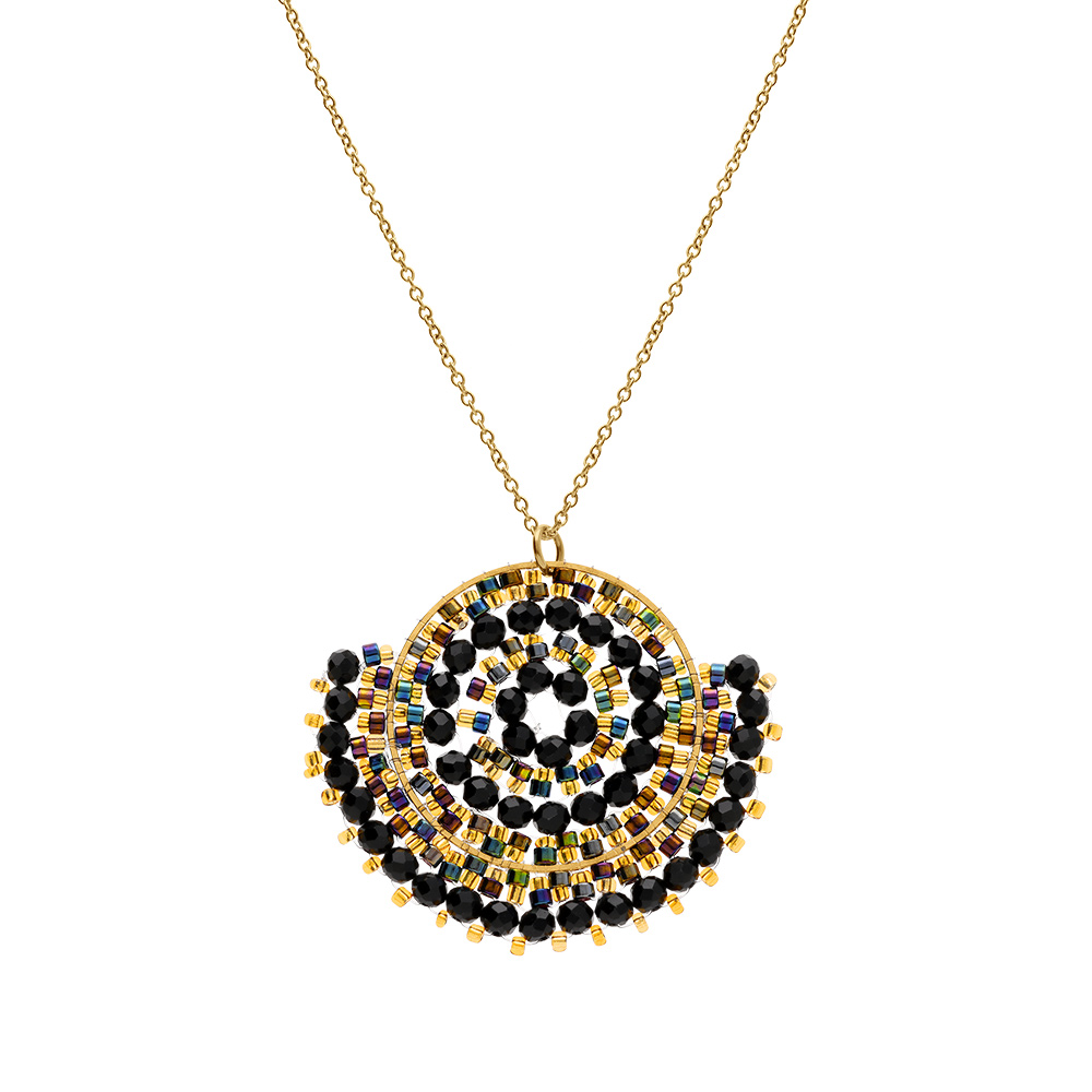 Collier en acier dor� pendentif rond boh�me avec pierres de diff�rents bleus  -  42+10cm - Vue 2
