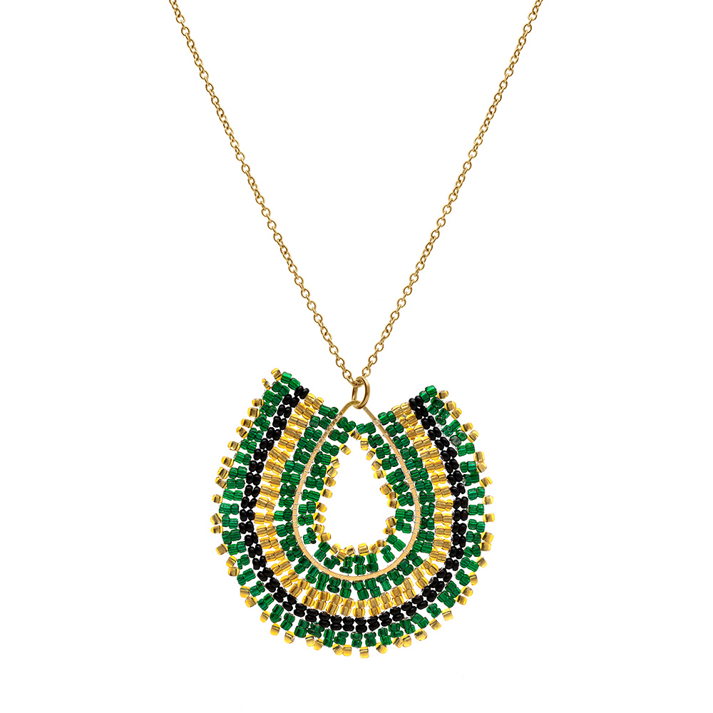 Collier en acier dor� pendentif boh�me avec perles vertes noires et do�es - 42+10cm - Vue 2