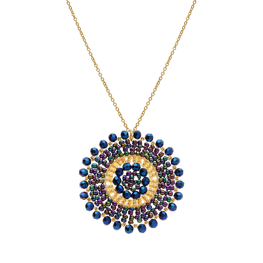 Collier en acier dor� pendentif rond boh�me avec pierres bleues dor�es et violettes - 42+10cm - Vue 2