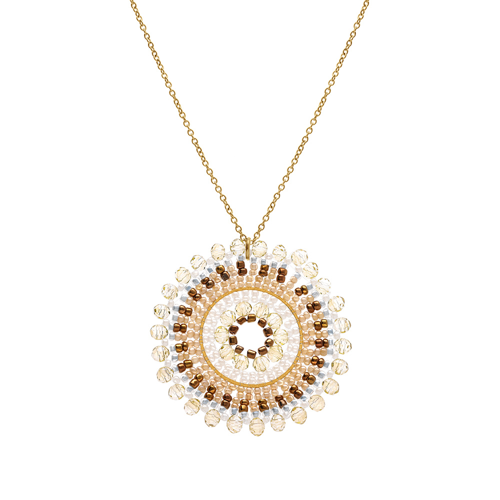 Collier en acier dor� pendentif rond boh�me avec pierres rose poudr� et blanches -  42+10cm - Vue 2