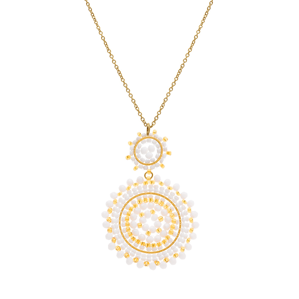Collier en acier dor� pendentif rond boh�me avec pierres blanches et roses -  42+10cm - Vue 2
