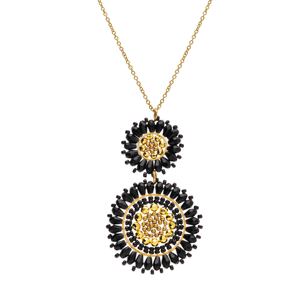 Collier en acier dor� pendentif boh�me deux ronds perles bleu marine et dor�es - 42+10cm - Vue 2
