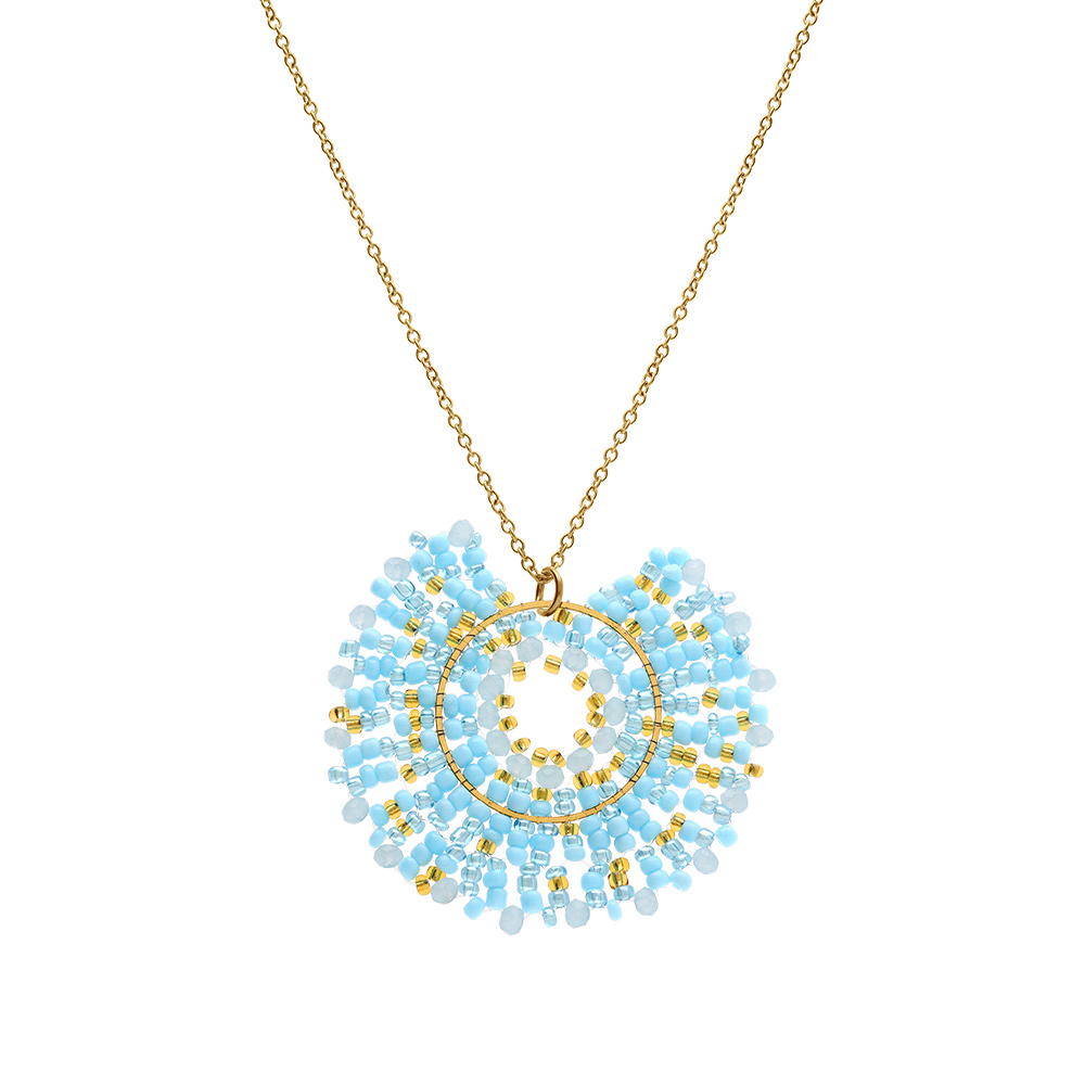 Collier en acier dor� pendentif boh�me rond perlesturquoises - 42+10cm - Vue 2