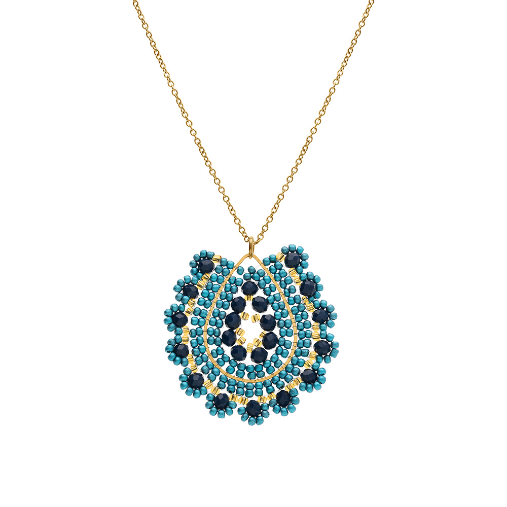 Collier en acier dor� pendentif rond avec pierres dor�es et diff�rents bleus - 42+10cm - Vue 2