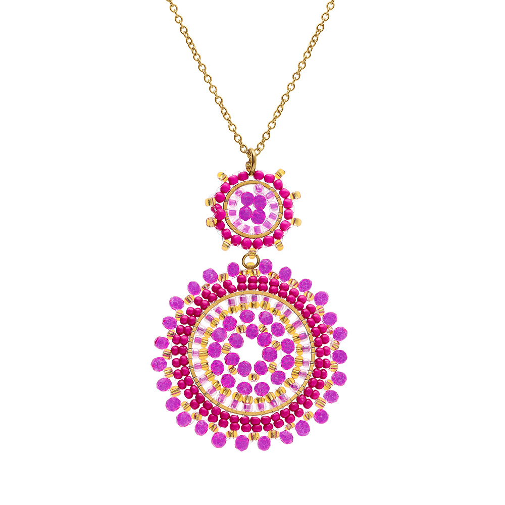 Collier en acier dor� pendentif boh�me deux ronds perles roses et violine -  42+10cm - Vue 2