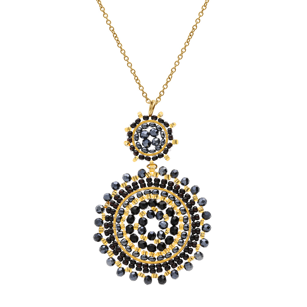 Collier en acier dor� pendentif boh�me deux ronds perles bleues et dor�es - 42+10cm - Vue 2