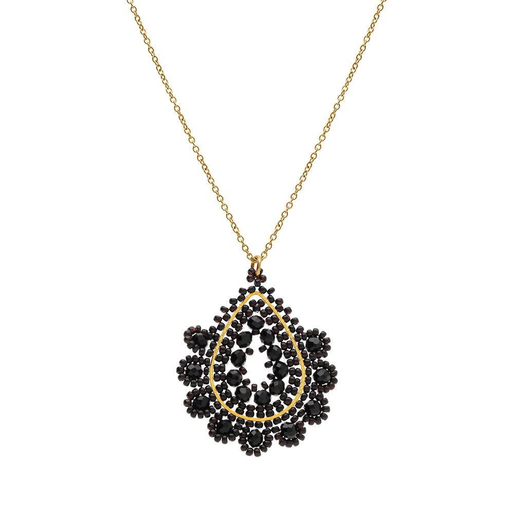 Collier en acier dor� pendentif goutte noir - 42+10cm - Vue 2