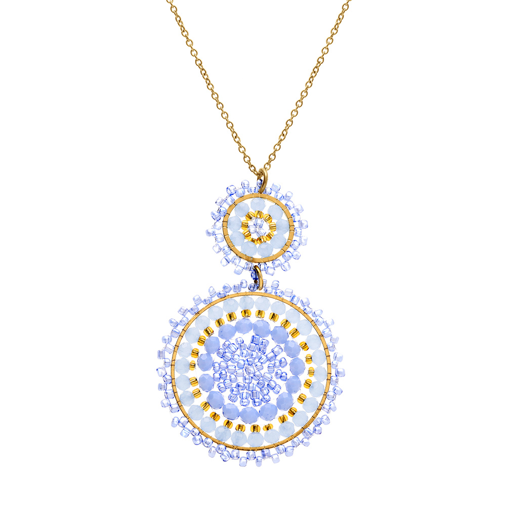 Collier en acier dor� pendentif boh�me deux ronds couleur turquoise - 42+10cm - Vue 2