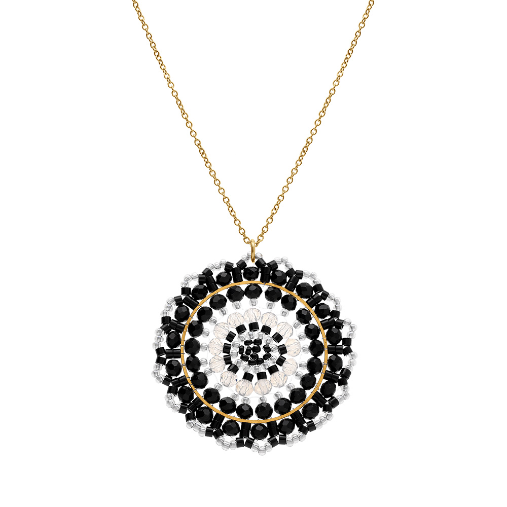 Collier en acier dor� pendentif rond boh�me avec pierresnoires et blanches -  42+10cm - Vue 2