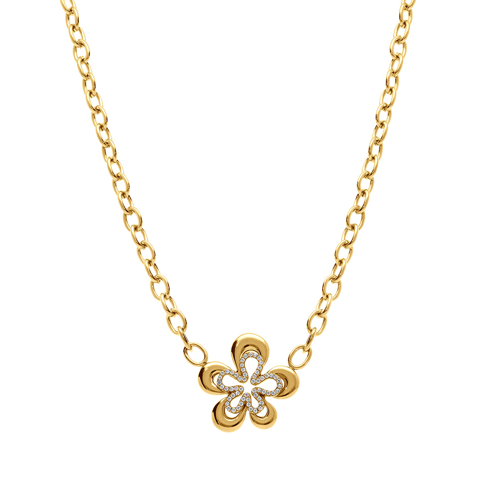 Collier en acier dor� fleur avec oxydes blancs - 38+4cm - Vue 2