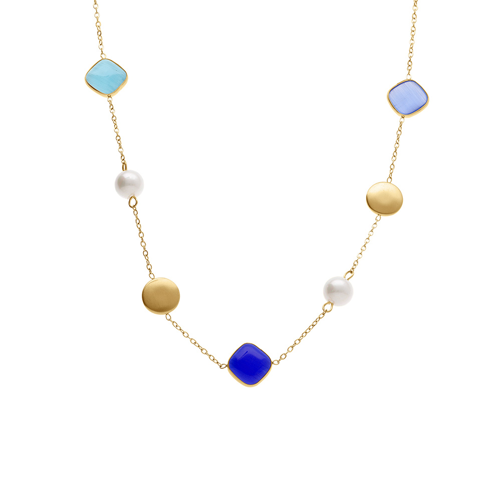 Collier en acier dor� avec perle blanche imitation et pierres bleues effet oeil de chat - 40+5cm - Vue 2