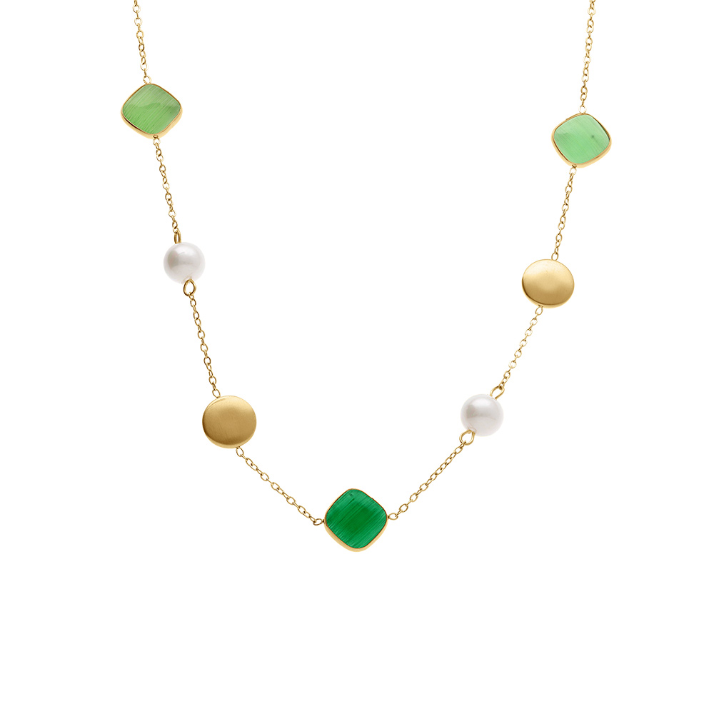 Collier en acier dor�  avec perle blanche imitation et pierres vertes  effet oeil de chat - 40+5cm - Vue 2