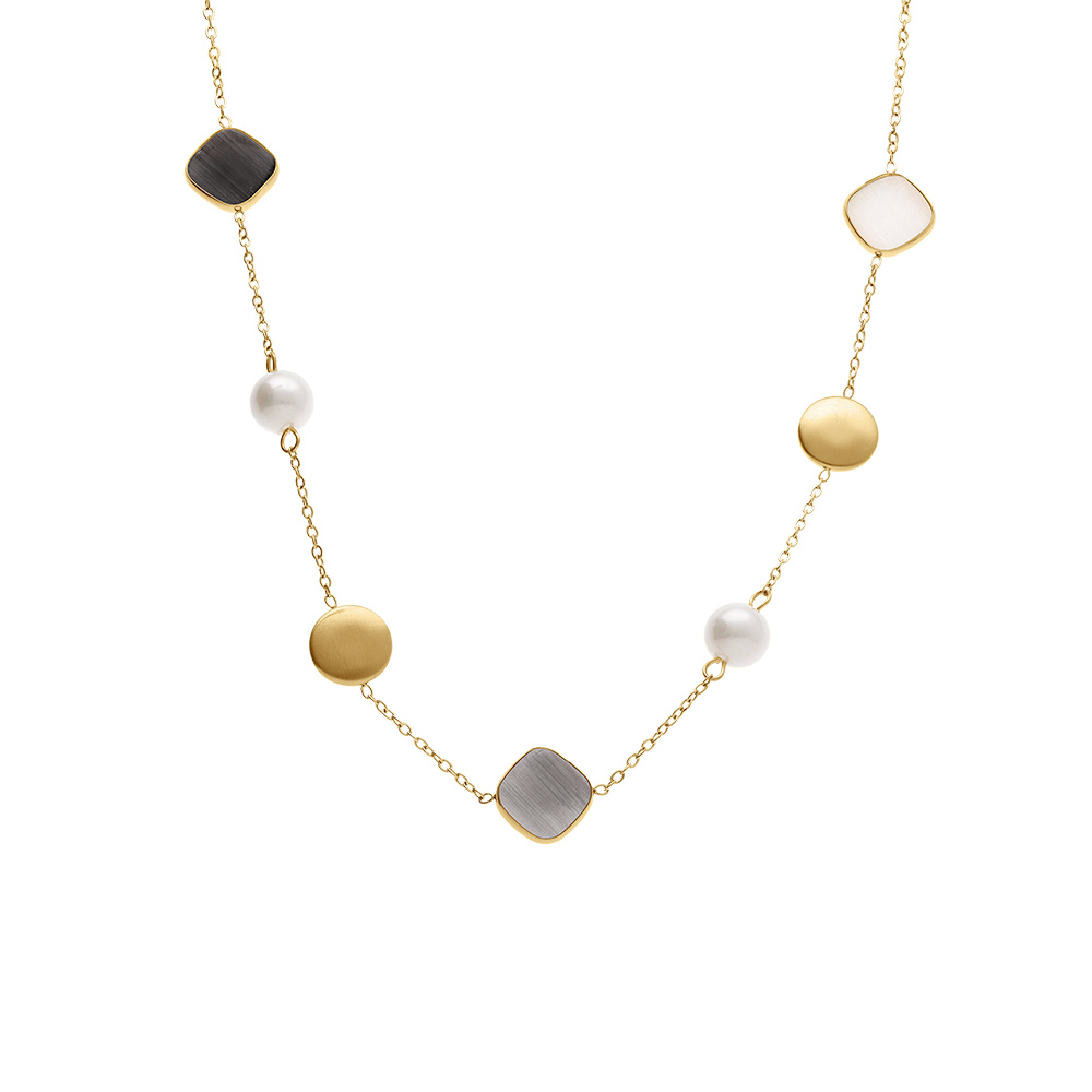 Collier en acier dor�  avec perle blanche imitation et pierre noire effet oeil de chat  - 40+5cm - Vue 2