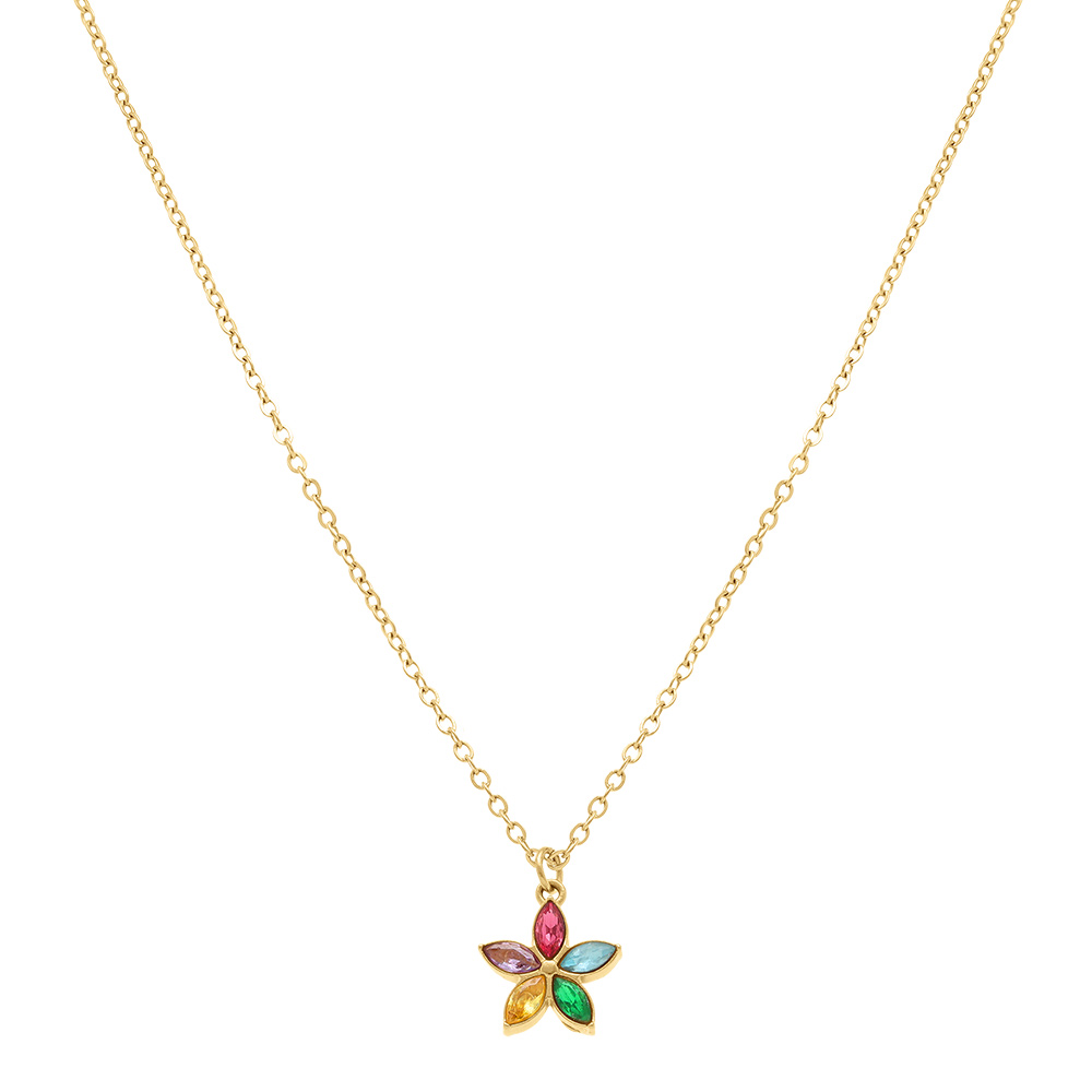 Collier en acier dor� fleur par�e d\'oxydes multi couleurs - 40+5cm - Vue 2