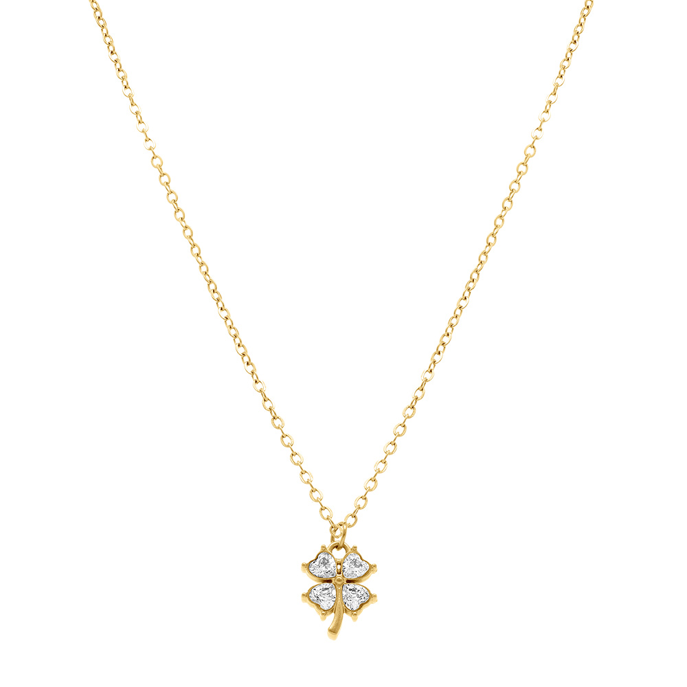 Collier en acier dor� tr�fle avec oxydes blancs - 40+5cm - Vue 2