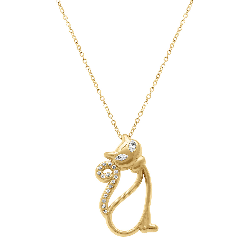 Collier en acier dor� avec pendentif chat corps �vid� et oxydes blancs  - 40+5cm - Vue 2