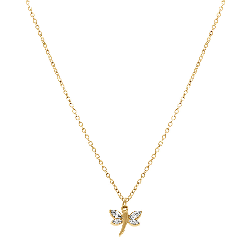 Collier en acier dor� libellule avec oxydes blancs -  40+5cm - Vue 2