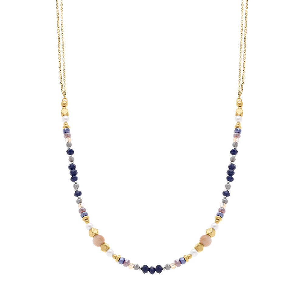 Collier en acier dor� boules verre 4mm facet� perles imitation et pierre de lune - 40+10cm - Vue 2