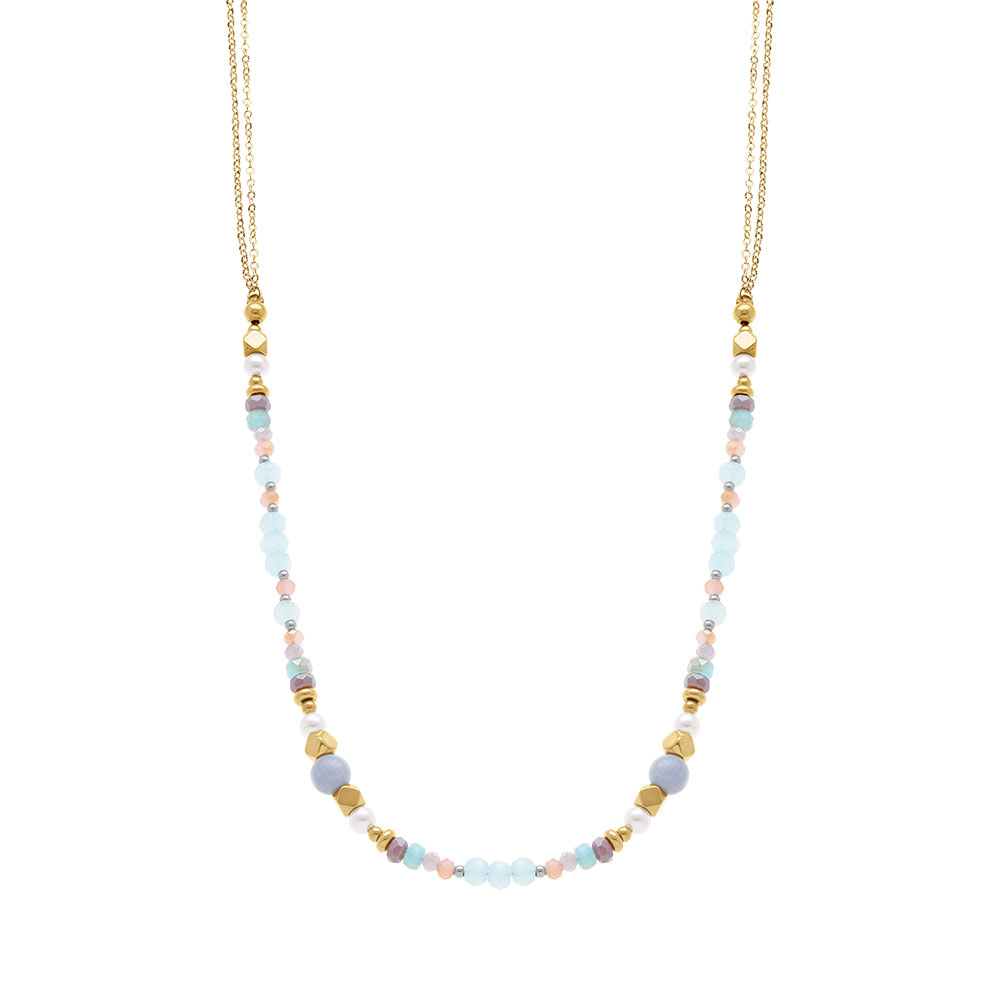 Collier en acier dor� boules 4mm verre facet� perle imitation et s�l�nite - 40+10cm - Vue 2