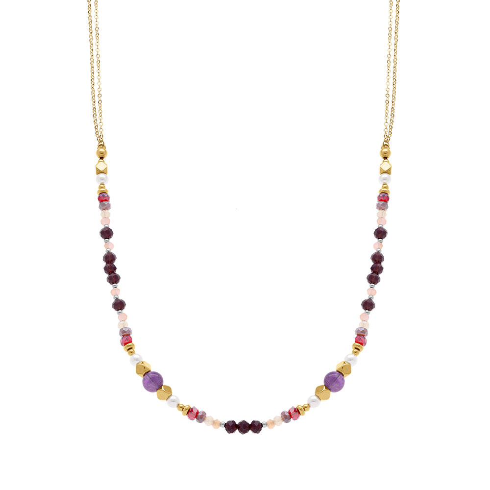 Collier en acier dor� boules 4mm verre facet� perles imitation et am�thyste 6mm v�ritable - 40+10cm - Vue 2