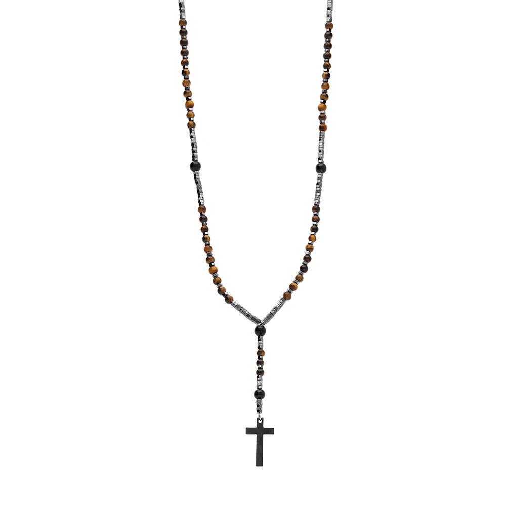 Collier en acier chapelet boules diam�tre 6 et 8 et croix 35mm x 20mm PVD noir sans fermoir - 70cm - Vue 2