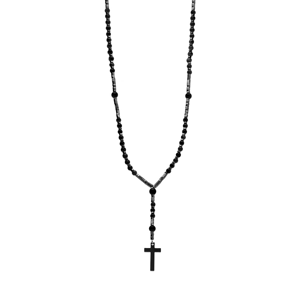 Collier en acier chapelet sombre boules diamtre 6 et 8 noires et croix 35mm x 20mm PVD noir sans fermoir - 70cm - Vue 2