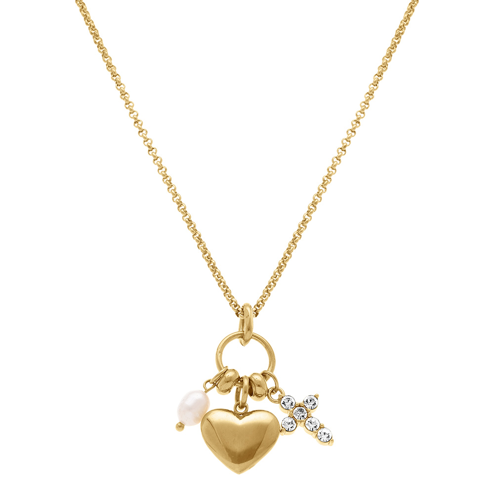 Collier acier dor� pendentif coeur, croix par�e d\'oxydes blancs et goutte blanche  - 40+5cm - Vue 2