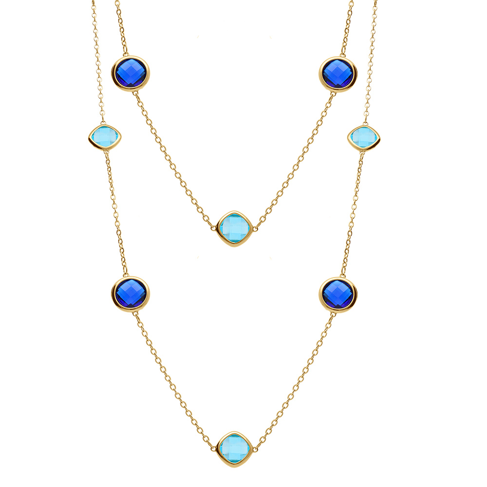 Collier en acier dor� sautoir d\'oxydes carr�s bleu ciel et bleu fonc� - Vue 2