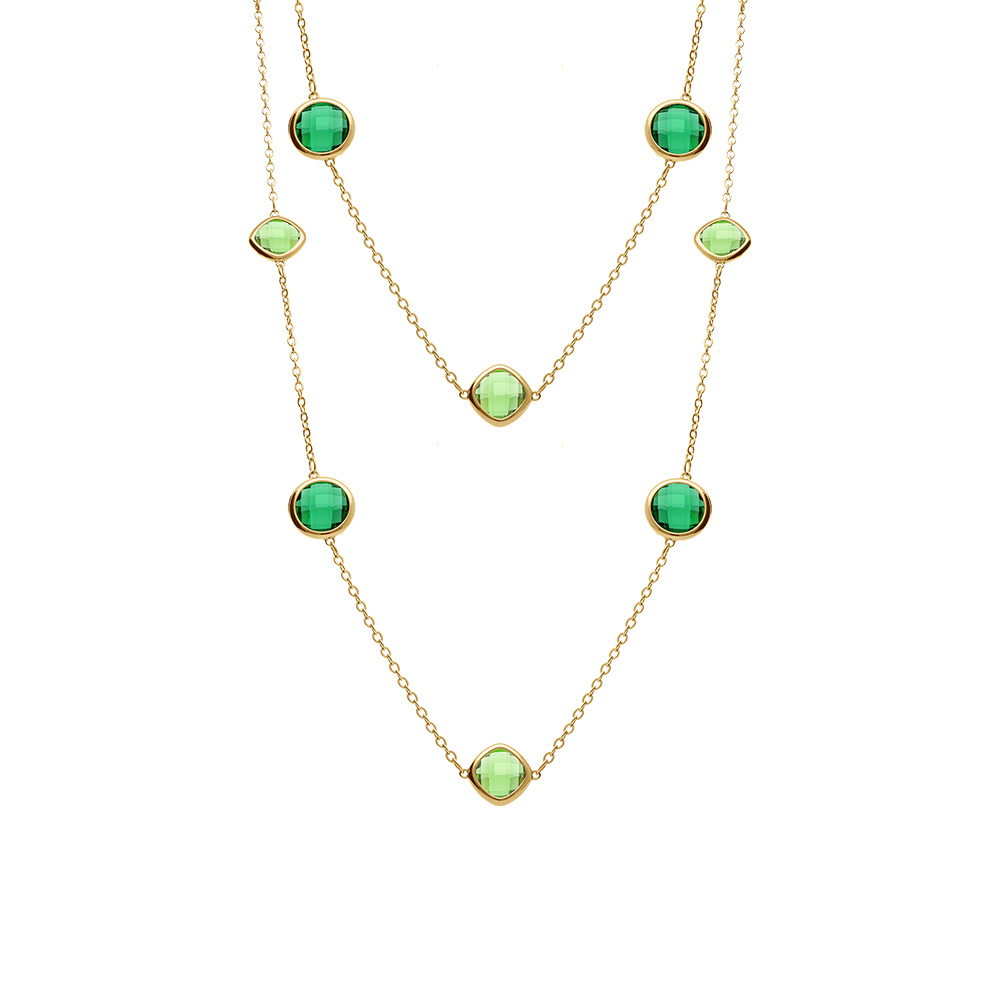 Collier en acier dor� sautoir d\'oxydes carr�s vert fonc� et vert clair - Vue 2