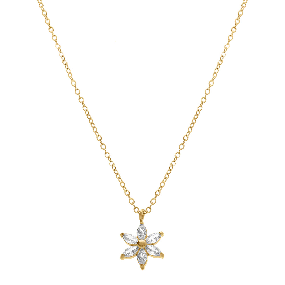 Collier en acier dor� pendentif fleur avec oxydes blancs - 42+5cm - Vue 2