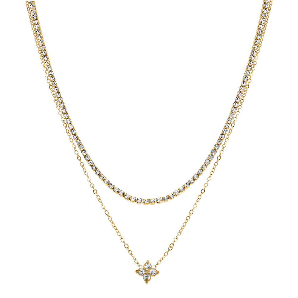 Collier en acier dor� double un rail d\'oxydes blancs sertis et pendentif fleur oxydes blancs - 42+5cm - Vue 2
