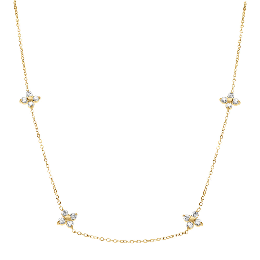 Collier en acier dor� quatre fleurs d\'oxydes blancs - 41+5cm - Vue 2