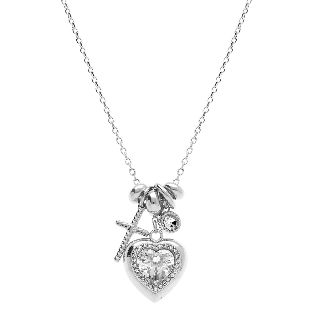Collier en acier pendentif coeur croix oxydes blancs -  45+5cm - Vue 2