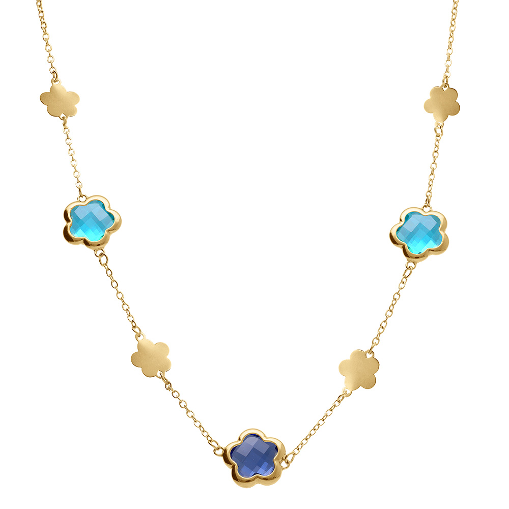 Collier en acier dor� pastilles fleur et oxydes forme fleur bleu clair - 40+5cm - Vue 2