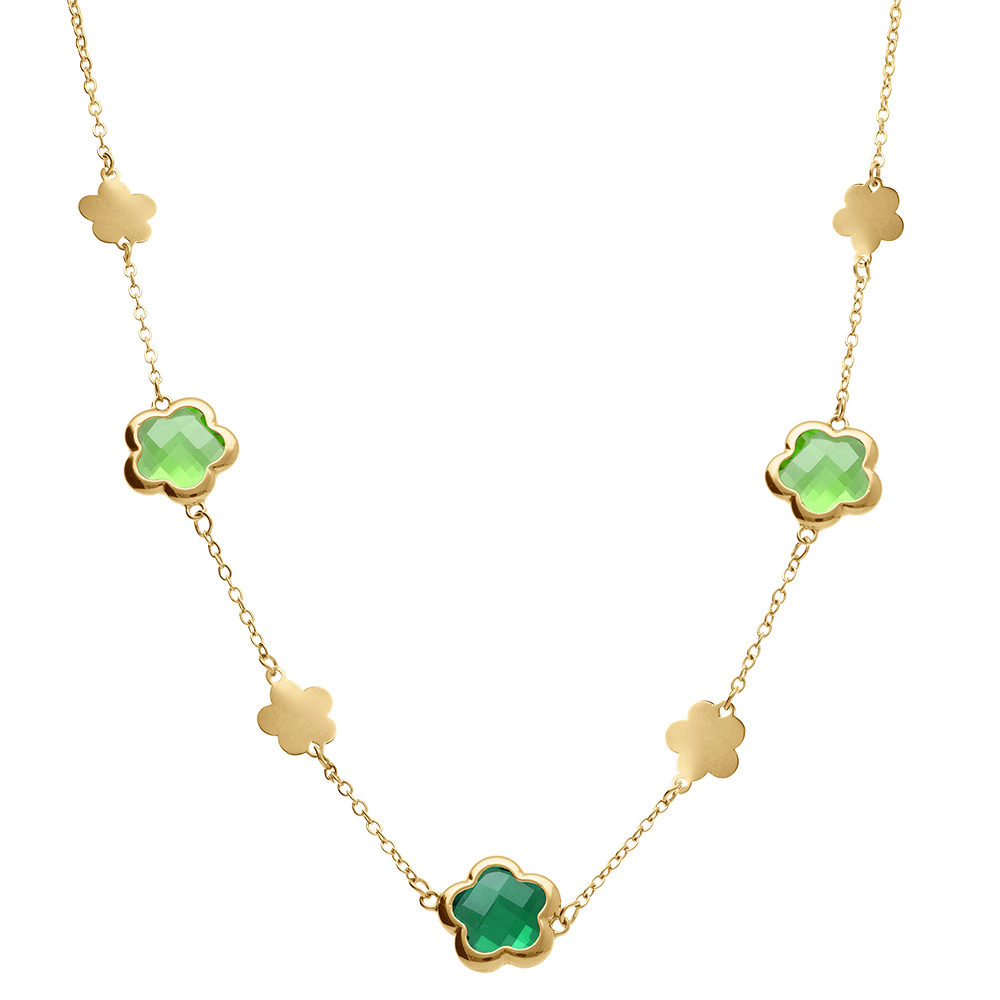 Collier en acier dor� pastilles fleur et oxydes forme fleur vert clair  - 40+5cm - Vue 2