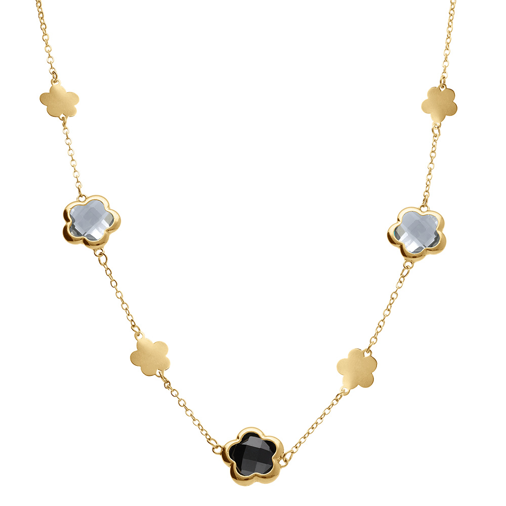 Collier en acier dor� pastilles fleur et oxydes forme fleur noirs et blancs - 40+5cm - Vue 2