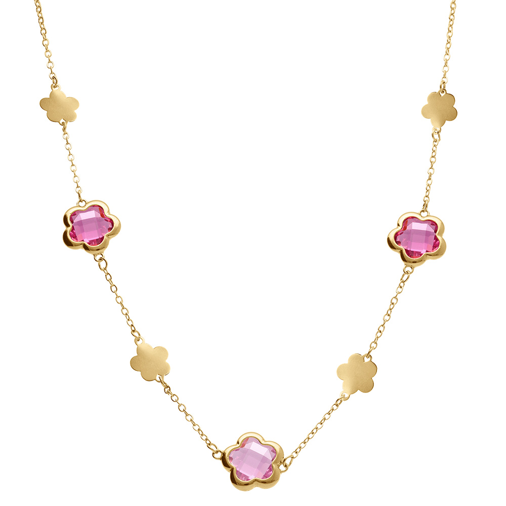 Collier en acier dor� pastilles fleur et oxydes forme fleur rose clair - 40+5cm - Vue 2