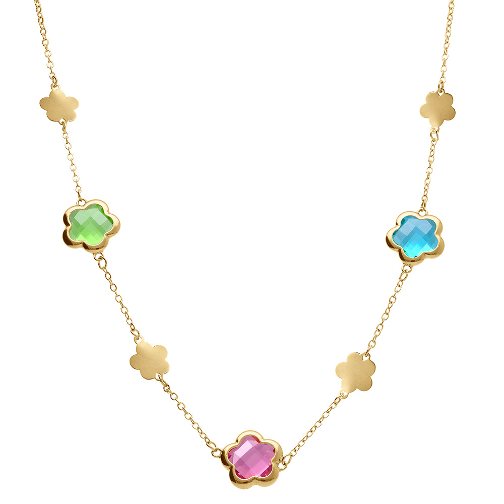 Collier en acier dor� pastilles fleur et oxydes forme fleur multi couleur - 40+5cm - Vue 2