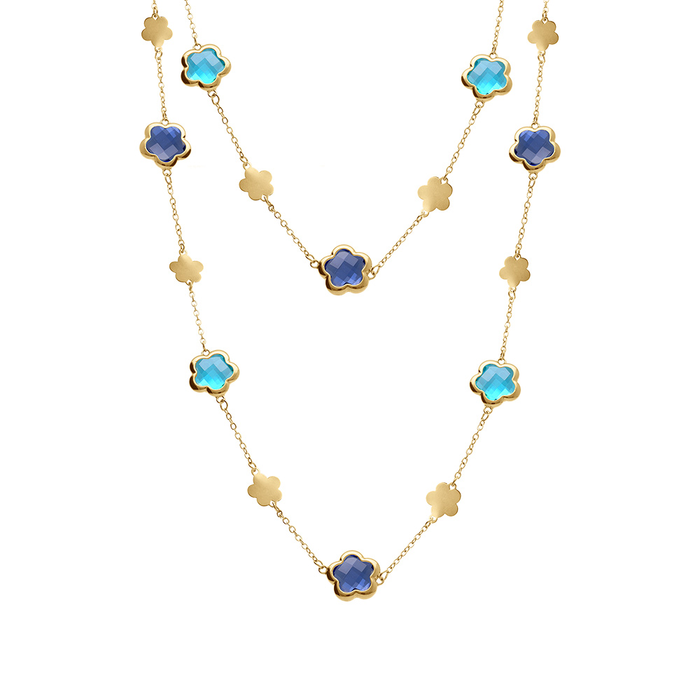 Collier en acier dor� sautoir pastilles fleur et oxydes forme fleur bleu clair - Vue 2