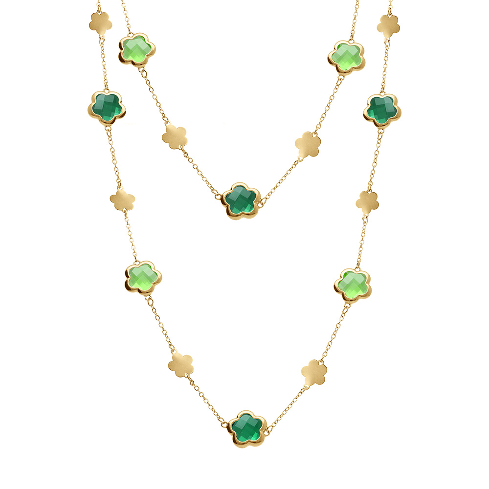 Collier en acier dor� sautoir pastilles fleur et oxydes forme fleur vert clair - Vue 2
