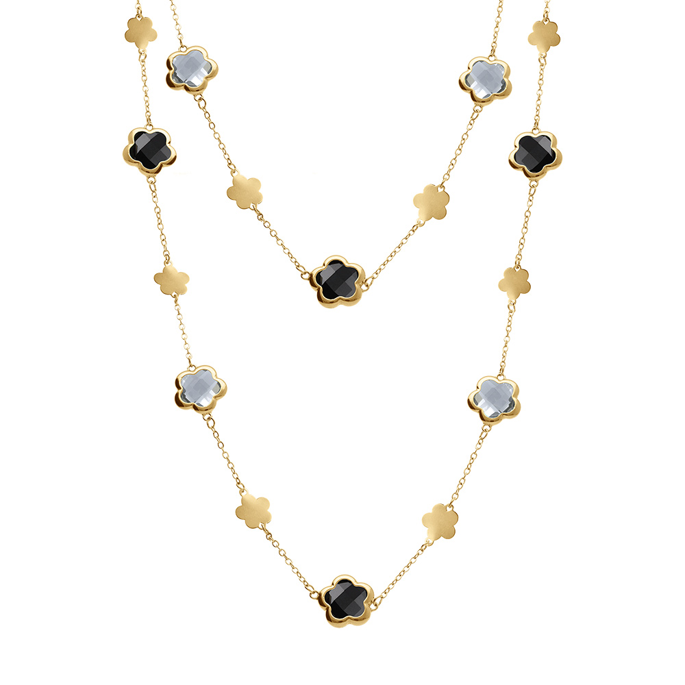 Collier acier dor� sautoir pastilles fleur et oxydes forme fleur noirs et blancs - Vue 2