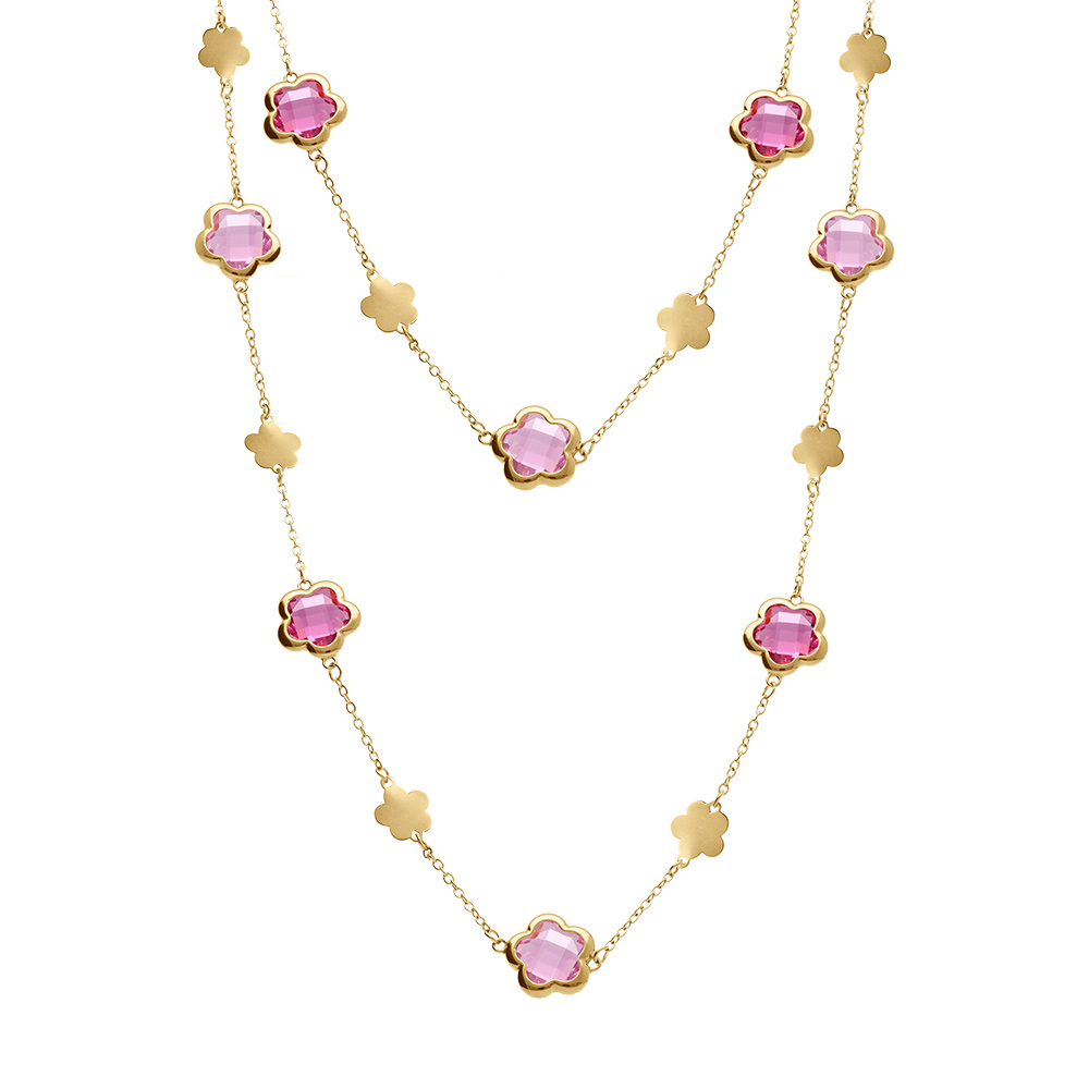 Collier en acier dor� sautoir pastilles fleur et oxydes forme fleur rose clair - Vue 2